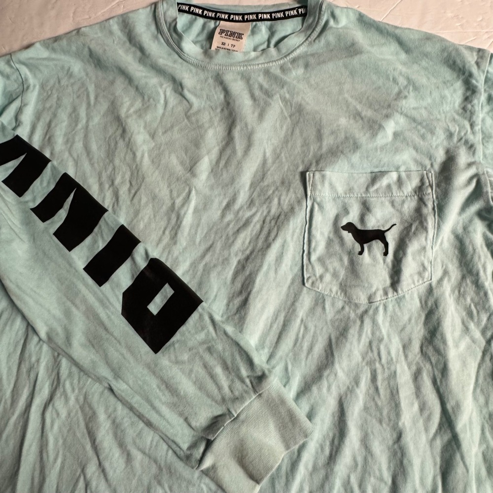 Victoria's Secret PINK Long Sleeve Pocket T-Shirt Aqua Blue Dog Logo XS